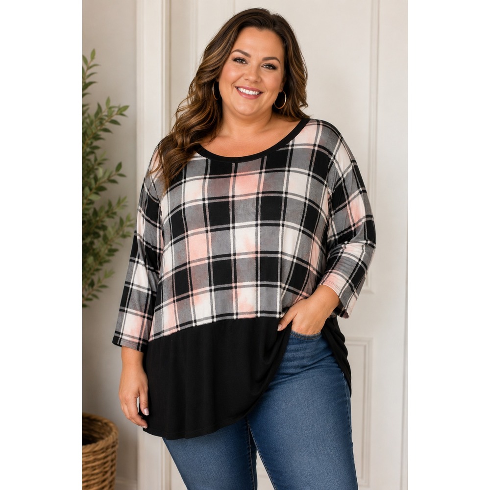 Glitzy Girlz Boutique 2XL Pink Plaid Colorblock Tunic Top 3/4 Sleeve Plus Size